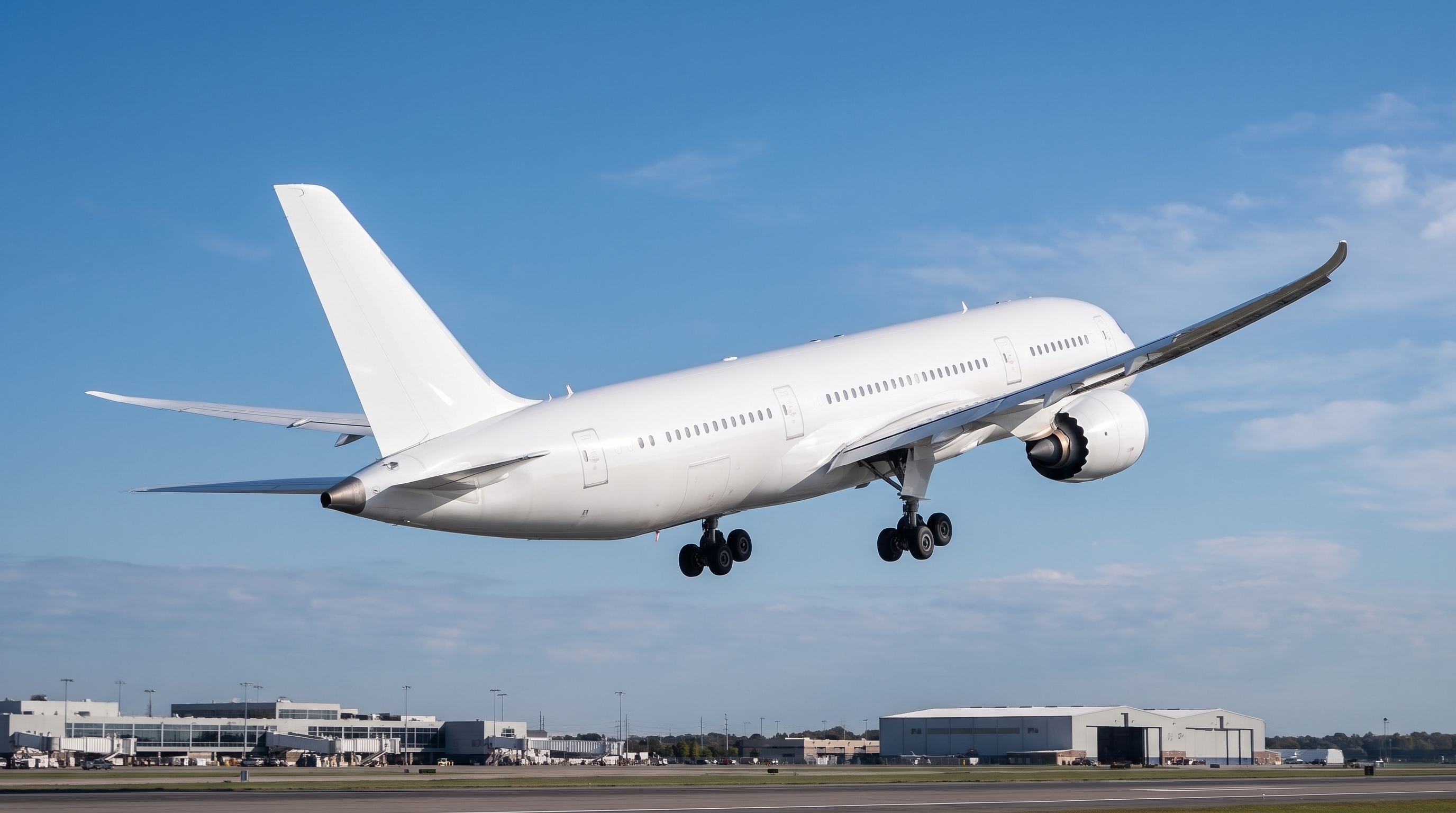 Wide-body aircraft climbing into a clear blue sky
