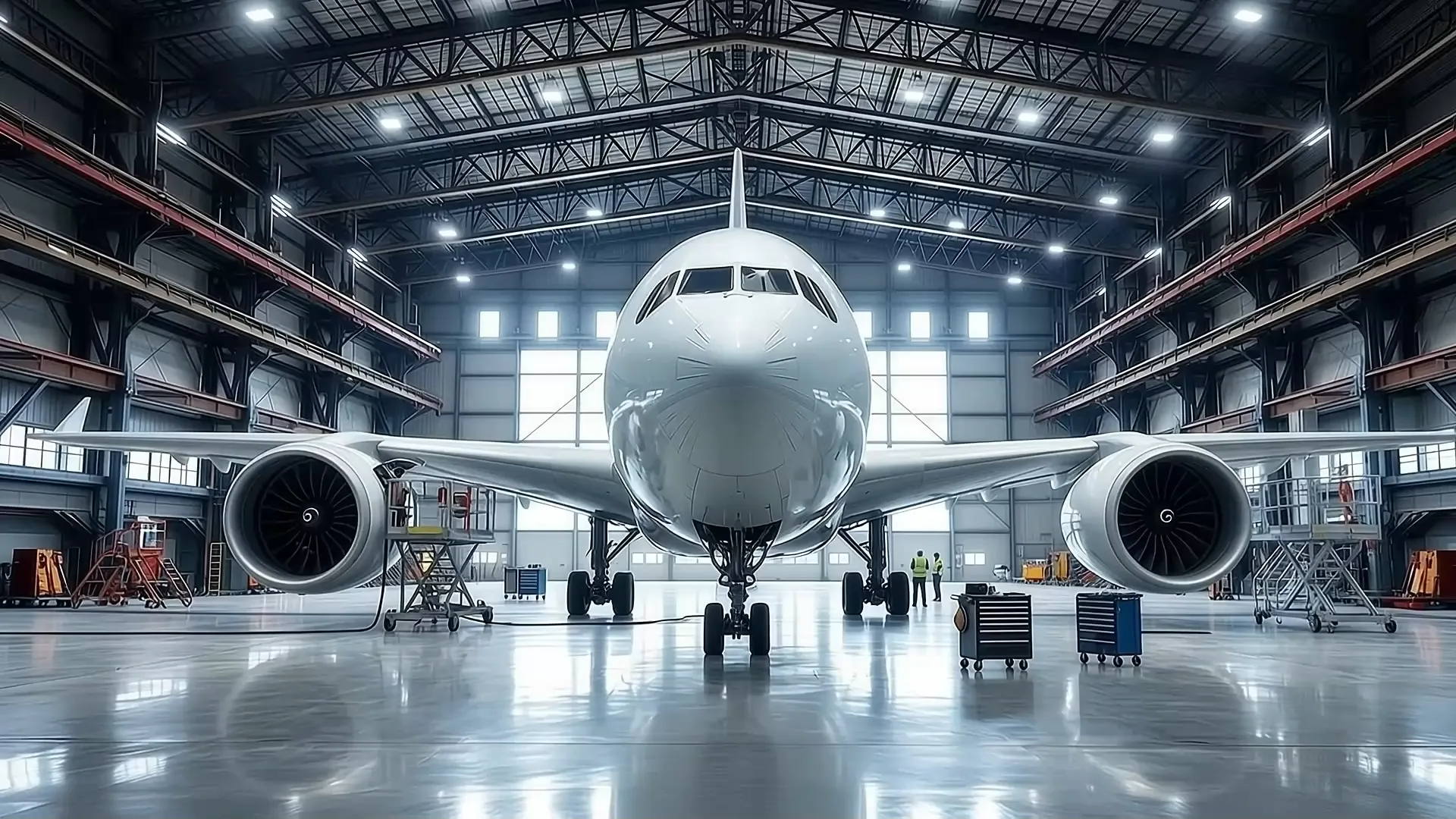 Wide-body aircraft in a bright maintenance hangar