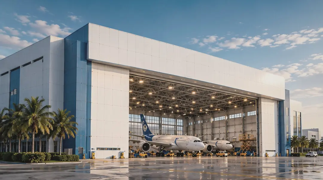 Wide-body aircraft inside an open maintenance hangar