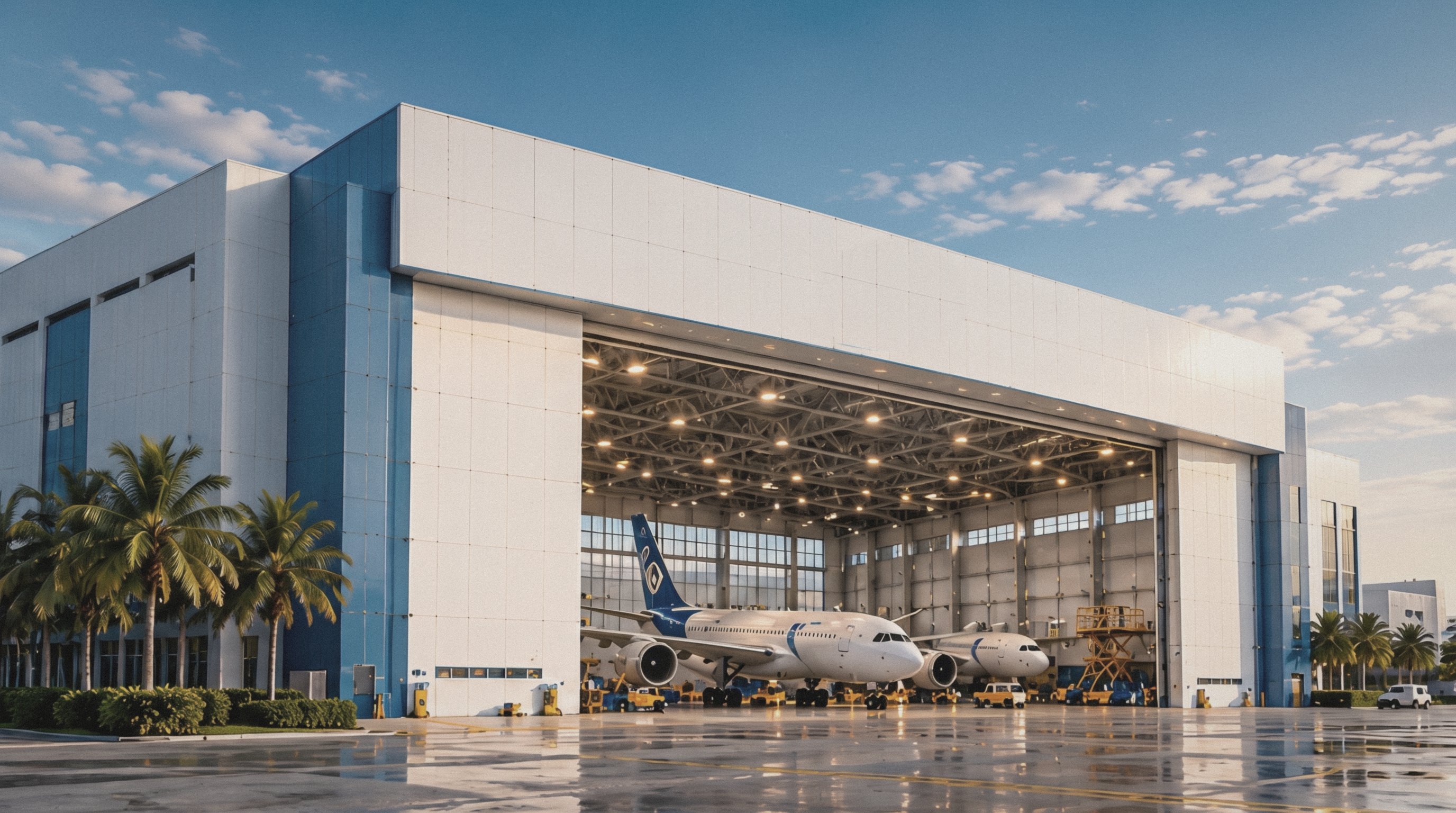 Wide-body aircraft inside an open maintenance hangar