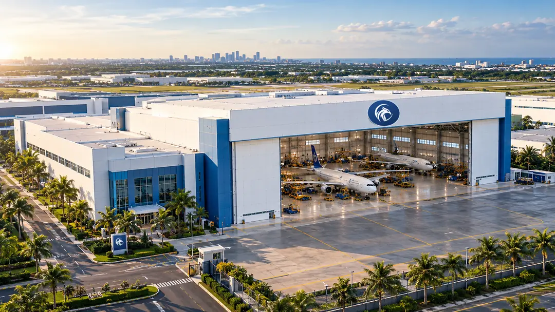 Aerial view of the hangar facility with wide-body aircraft inside the open door