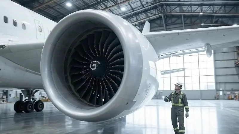Technician inspecting a wide-body engine inlet